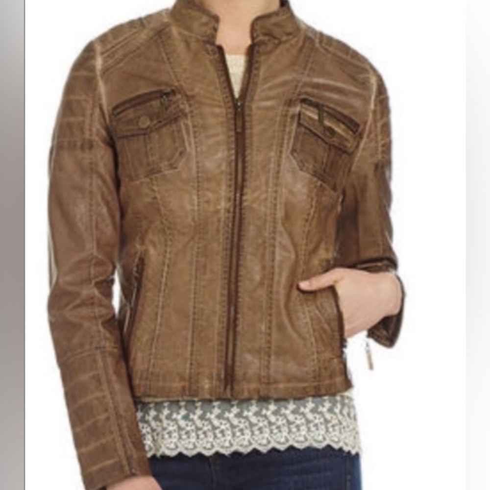 Brown Juniors Vegan Leather Zip Jacket